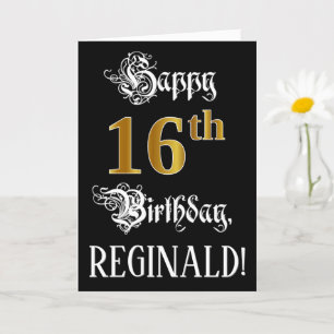 16th Birthday — Fancy Script; Faux Gold Look; Name Card