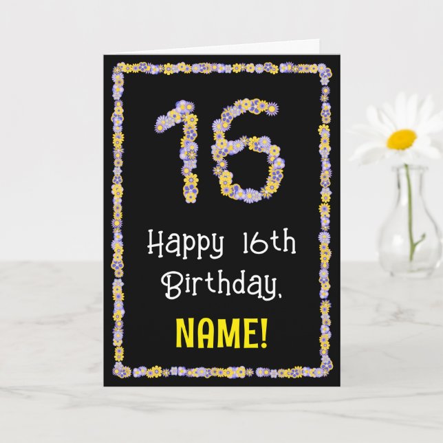 16th Birthday: Floral Flowers Number, Custom Name Card (Small Plant)