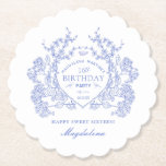16th Birthday French Blue Floral Crest Custom Paper Coaster<br><div class="desc">An elegant French vintage blue floral crest takes centre stage on this timeless custom paper coaster. Ornate,  formal and very feminine will make any birthday lady feel very special. Coordinating party supplies are available.</div>