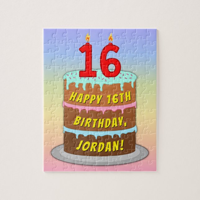 16th Birthday: Fun Cake and Candles + Custom Name Jigsaw Puzzle (Vertical)