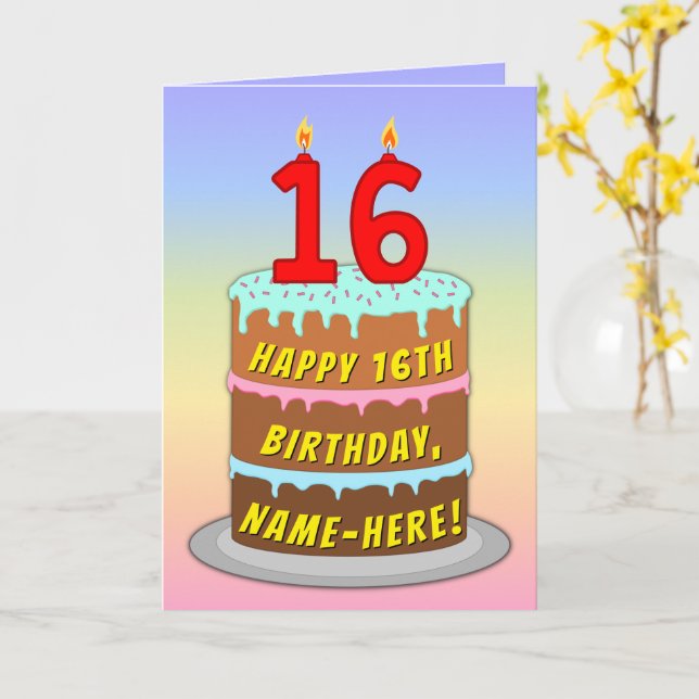 16th Birthday — Fun Cake & Candles, w/ Custom Name Card (Yellow Flower)