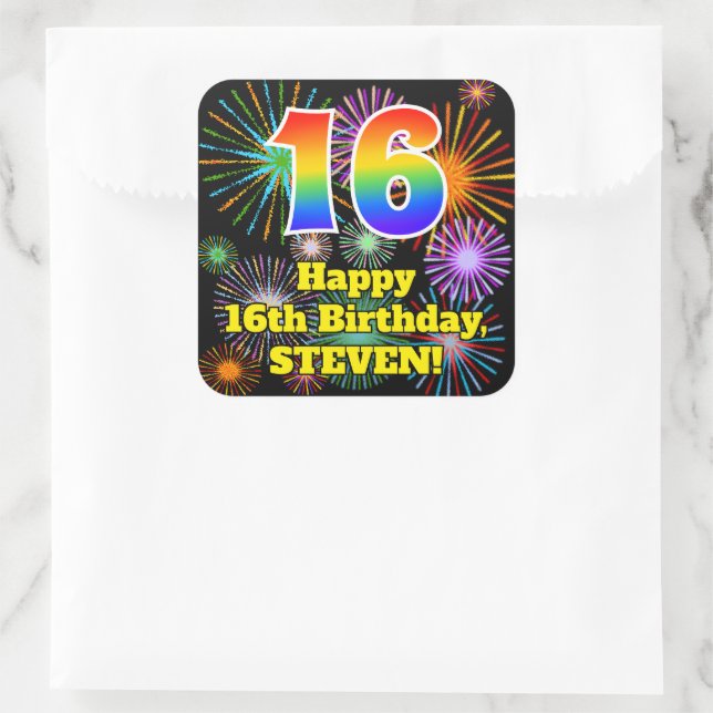 16th Birthday: Fun Fireworks Look, Rainbow # 16 Square Sticker (Bag)