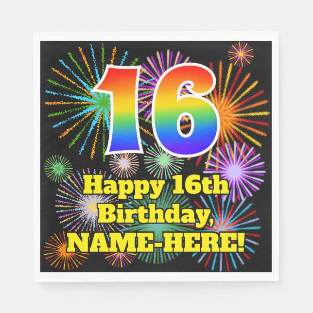16th Birthday: Fun Fireworks Pattern + Rainbow 16 Napkin (Front)