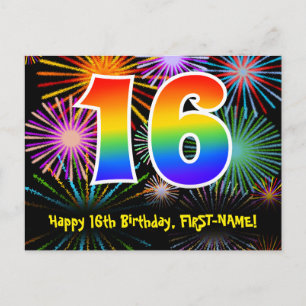 16th Birthday – Fun Fireworks Pattern + Rainbow 16 Postcard