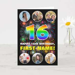 16th Birthday: Fun Rainbow #, Custom Name & Photos Card