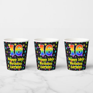 16th Birthday: Fun Stars Pattern and Rainbow 16 Paper Cups