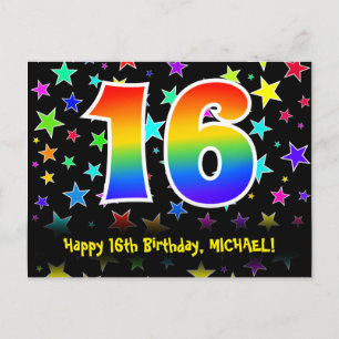 16th Birthday: Fun Stars Pattern, Rainbow 16, Name Postcard