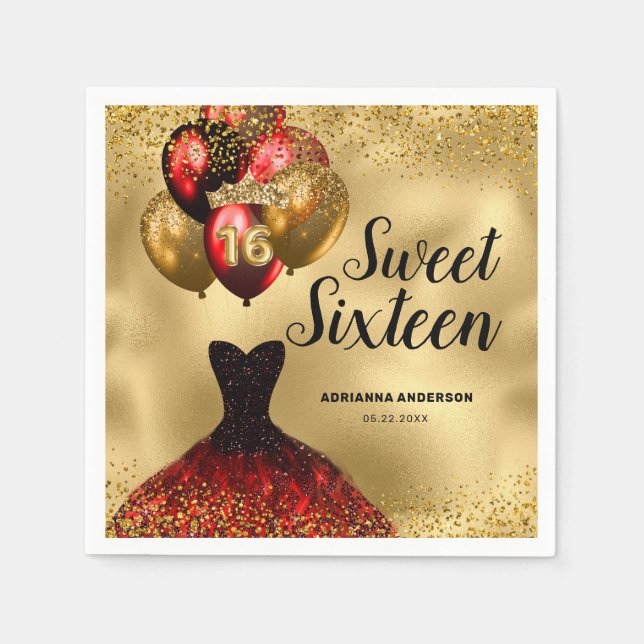 16th Birthday Glam Gold Red Glitter Sweet 16 Napkin (Front)