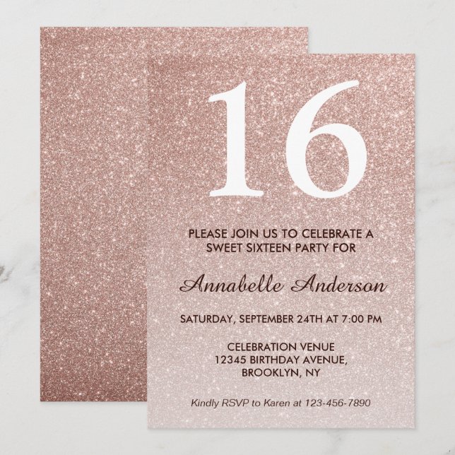 16th Birthday Glam Pink Rose Gold Glitter Ombre Invitation (Front/Back)