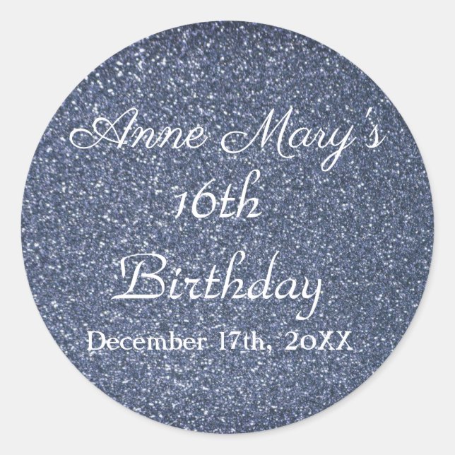16th Birthday Glittery Sparkle Custom Dusty Blue Classic Round Sticker (Front)