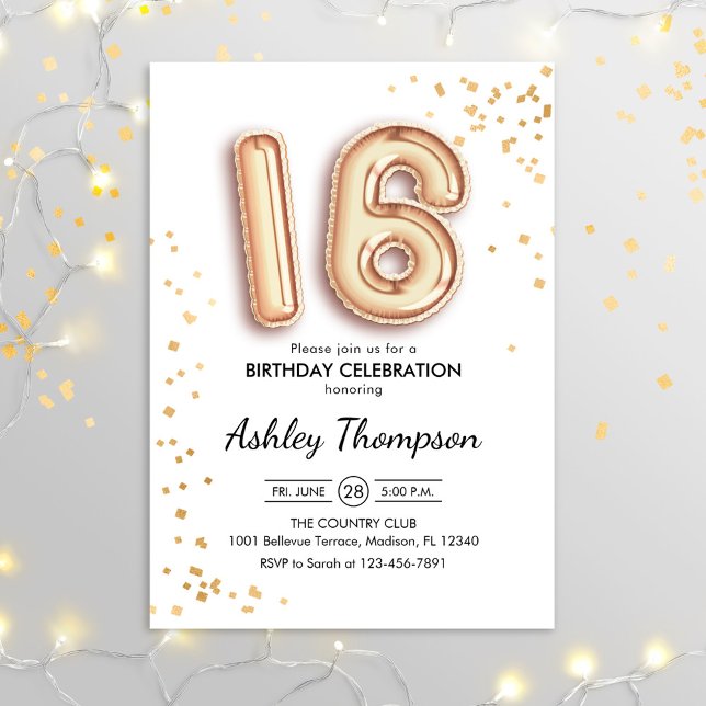 16th Birthday - Gold Balloons Invitation (Creator Uploaded)