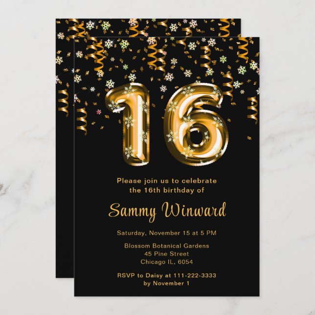 16th Birthday Gold Balloons Snowflake Confetti Invitation (Front/Back)