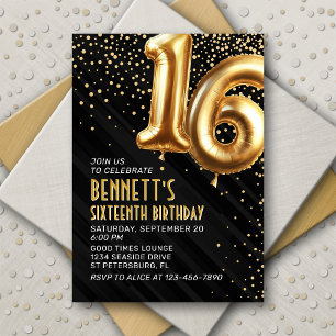 16th Birthday Gold Black Invitation