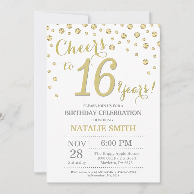 16th Birthday Gold Glitter Diamond Invitation (Front)