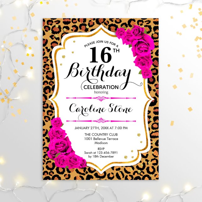 16th Birthday - Gold Pink Leopard Print Invitation (Creator Uploaded)