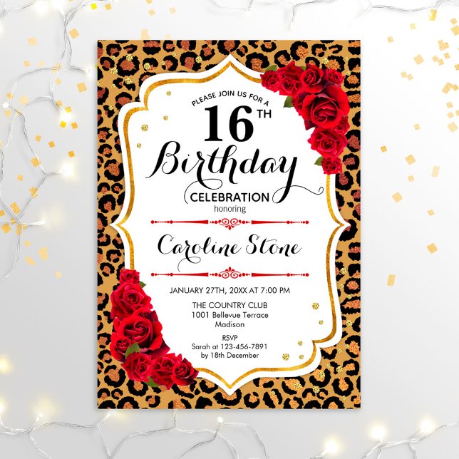 16th Birthday - Gold Red Leopard Print Invitation (Creator Uploaded)