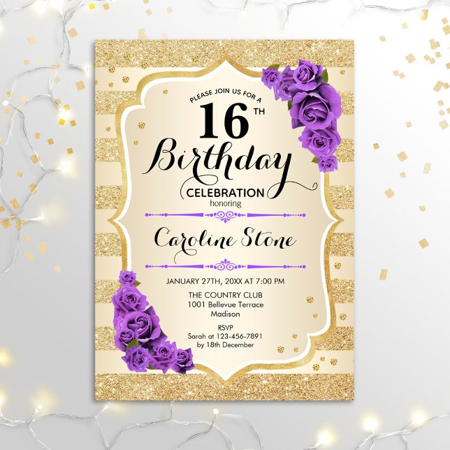 16th Birthday - Gold Stripes Purple Roses Invitation (Creator Uploaded)