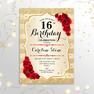 16th Birthday - Gold Stripes Roses Invitation