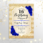 16th Birthday - Gold Stripes Roya; Blue Roses Invitation<br><div class="desc">16th Birthday Invitation. Elegant design in gold and royal blue. Features faux glitter gold stripes,  sapphire roses stylish script font and confetti. Perfect for a glam birthday party.</div>