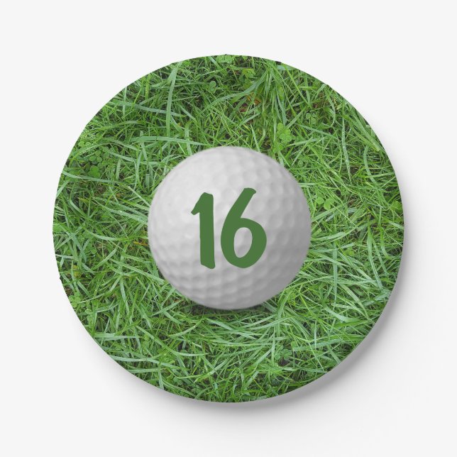 16th Birthday Golf Ball on Grass Paper Plate (Front)