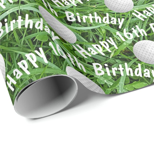 16th Birthday Golf Balls on Grass Wrapping Paper (Roll Corner)