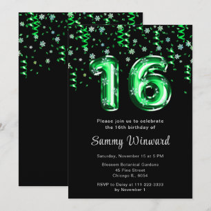 16th Birthday Green Balloons Snowflake Confetti Invitation
