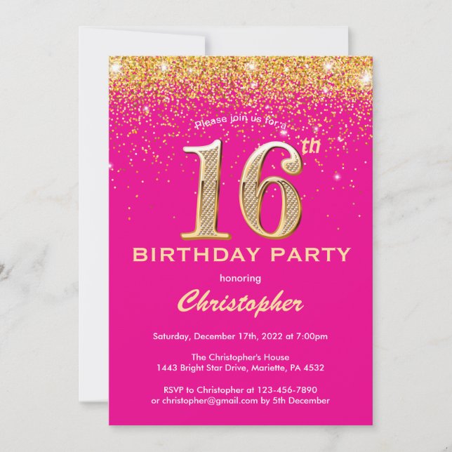 16th Birthday Hot Pink and Gold Glitter Confetti Invitation (Front)