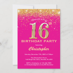 16th Birthday Hot Pink and Gold Glitter Confetti Invitation