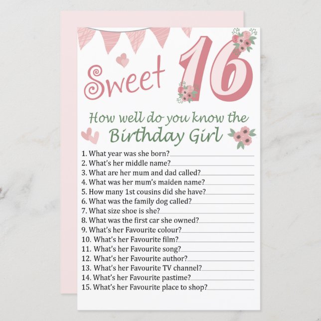 16th birthday How well do you know the birthday (Front/Back)