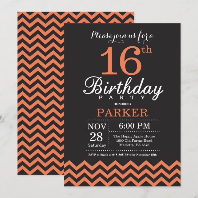 16th Birthday Invitation Black and Coral Chevron (Front/Back)