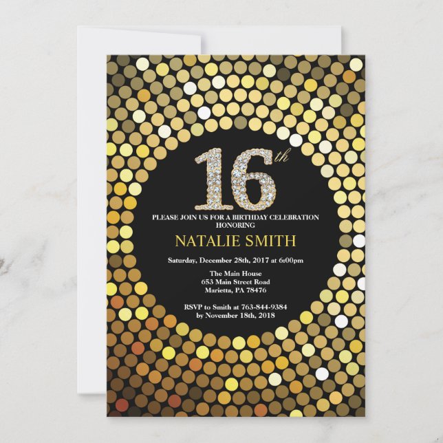 16th Birthday Invitation Black and Gold Glitter (Front)