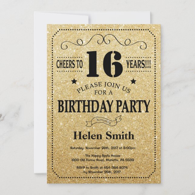16th Birthday Invitation Black and Gold Glitter (Front)