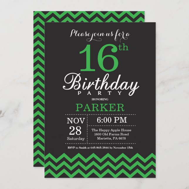 16th Birthday Invitation Black and Green Chevron (Front/Back)