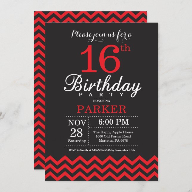16th Birthday Invitation Black and Red (Front/Back)