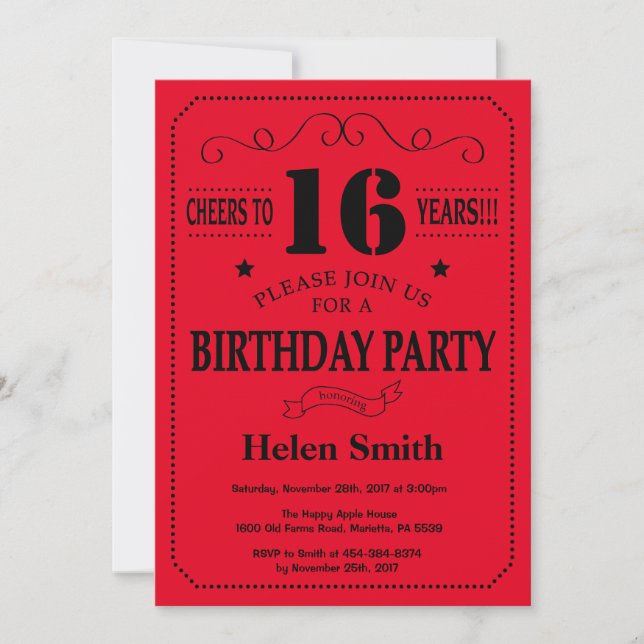 16th Birthday Invitation Black and Red (Front)