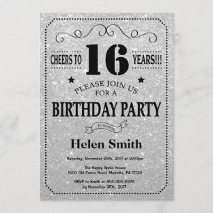 16th Birthday Invitation Black and Silver Glitter