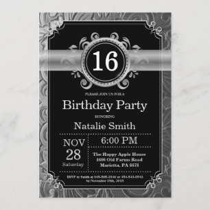 16th Birthday Invitation Black and Silver Glitter