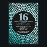 16th Birthday Invitation Black and Teal Glitter<br><div class="desc">16th Birthday Invitation. Black and Teal Glitter. Teal Diamond. Kids Birthday Party. For Boy or Girl Bday bash Party. For further customisation,  please click the "Customise it" button and use our design tool to modify this template.</div>