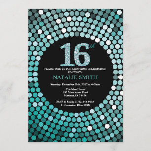 16th Birthday Invitation Black and Teal Glitter