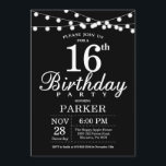 16th Birthday Invitation Black and White<br><div class="desc">16th Birthday Invitation with String Lights. Black Background. Kids Birthday. Boy or Girl Lady Elegant bday Invite. 13th 15th 16th 18th 20th 21st 30th 40th 50th 60th 70th 80th 90th 100th, Any age. For further customisation, please click the "Customise it" button and use our design tool to modify this template....</div>