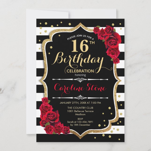 16th Birthday Invitation Black White Stripes Roses (Front)