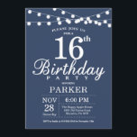 16th Birthday Invitation Blue<br><div class="desc">16th Birthday Invitation with String Lights. Blue Background. Kids Birthday. Boy or Girl Lady Elegant bday Invite. 13th 15th 16th 18th 20th 21st 30th 40th 50th 60th 70th 80th 90th 100th, Any age. For further customisation, please click the "Customise it" button and use our design tool to modify this template....</div>