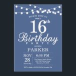 16th Birthday Invitation Blue<br><div class="desc">16th Birthday Invitation with String Lights. Blue Background. Kids Birthday. Boy or Girl Lady Elegant bday Invite. 13th 15th 16th 18th 20th 21st 30th 40th 50th 60th 70th 80th 90th 100th, Any age. For further customisation, please click the "Customise it" button and use our design tool to modify this template....</div>