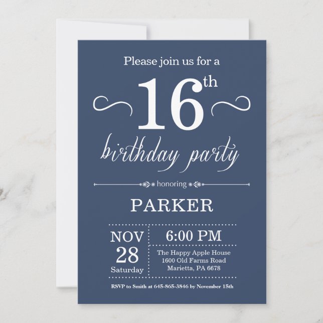 16th Birthday Invitation Blue (Front)