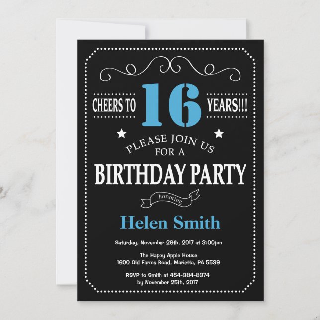 16th Birthday Invitation Blue and Black Chalkboard (Front)