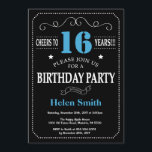 16th Birthday Invitation Blue and Black Chalkboard<br><div class="desc">16th Birthday Invitation Blue and Black Typography. Chalkboard. Black and White Background. Adult Birthday. Male Men or Women Birthday. Kids Boy or Girl Lady Teen Teenage Bday Invite. 13th 15th 16th 18th 20th 21st 30th 40th 50th 60th 70th 80th 90th 100th. Any Age. For further customisation, please click the "Customise...</div>