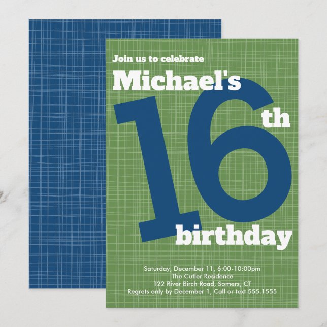 16th Birthday Invitation Blue with Green Accent, (Front/Back)