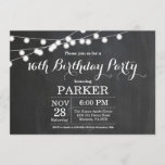 16th Birthday Invitation Chalkboard<br><div class="desc">16th Birthday Invitation with String Lights Chalkboard Background. 13th 15th 16th 18th 21st 30th 40th 50th 60th 70th 80th 90th 100th,  Any age. For further customisation,  please click the "Customise it" button and use our design tool to modify this template.</div>
