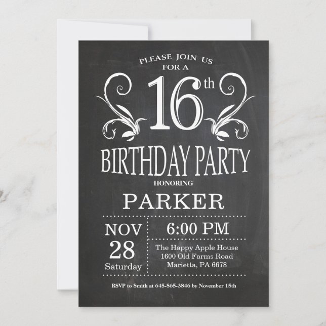 16th Birthday Invitation Chalkboard Floral (Front)