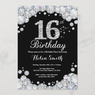 16th Birthday Invitation Chalkboard Silver Diamond